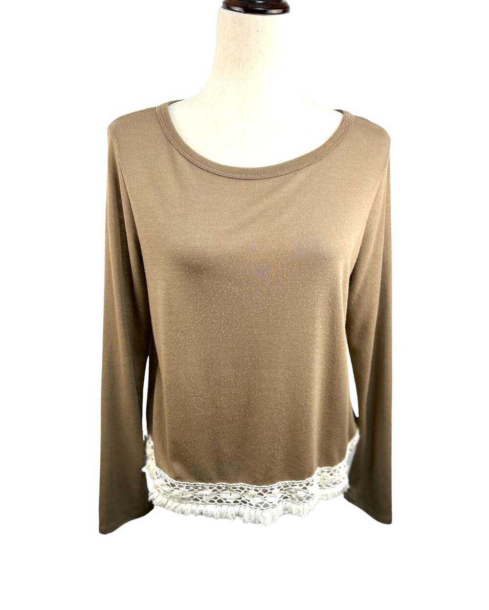 Manito Light Brown Boat Neck Sweater with Crochet Hem Trim Size L